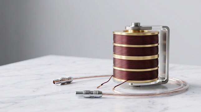 Industrial precision copper wire coil component resting on polished white marble surface studio setting with assembly metallic connectors
