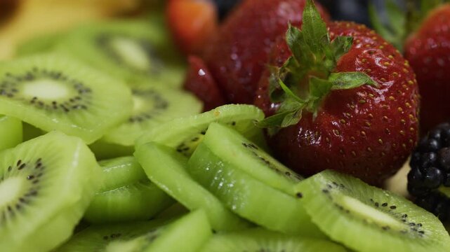 Juicy fruit gathered together - extra closeup panning shot
