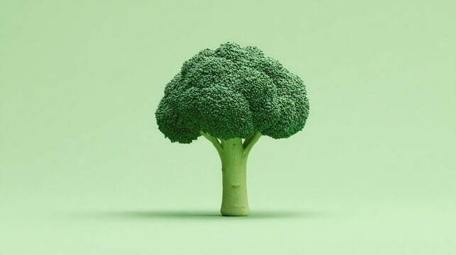 Single broccoli head on mint green background