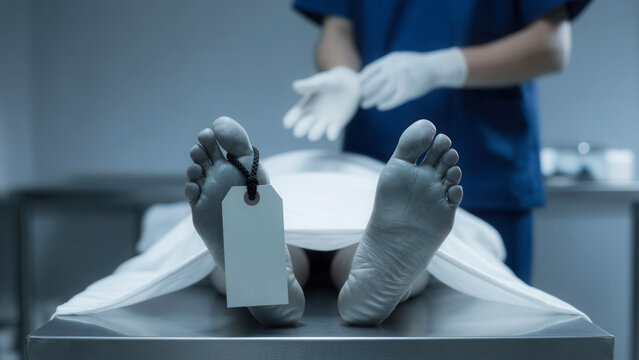Human feet with identification toe tag on metal table, forensic medical examination and death investigation