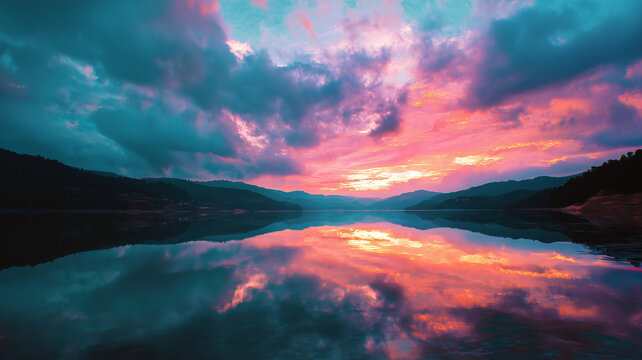 Vibrant sunset reflection on calm lake water with dramatic colorful clouds and dark mountain silhouettes
