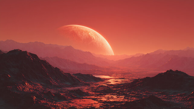 Red alien planet landscape with rocky mountains and giant moon on the horizon