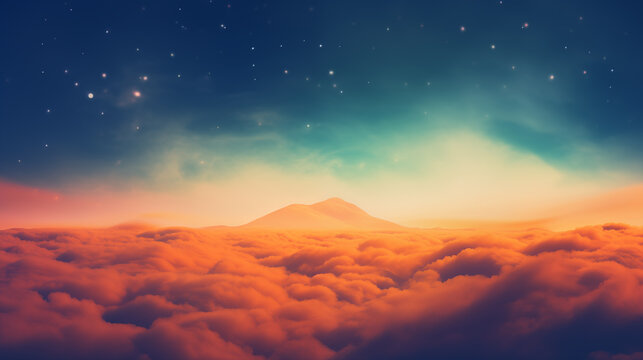Surreal dreamscape with mountain peak rising above thick orange clouds under starry night sky
