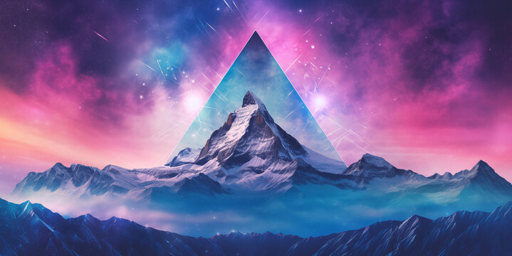 Surreal geometric space collage with snowy mountain peak inside triangle and vibrant nebula background

