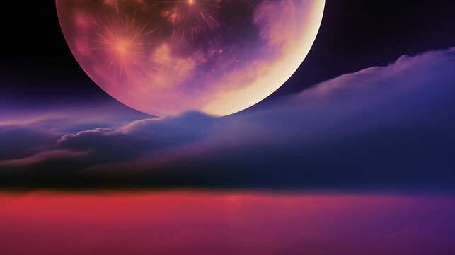 Giant glowing planet surface close up rising above dense dark clouds and a red atmosphere
