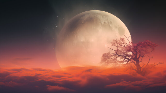 Surreal night landscape with a giant full moon rising over thick red clouds and a lonely bare tree
