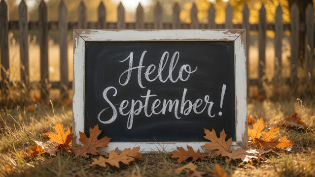 Rustic chalkboard sign "Hello September" on autumn grass with leaves, seasonal welcome and fall harvest celebration