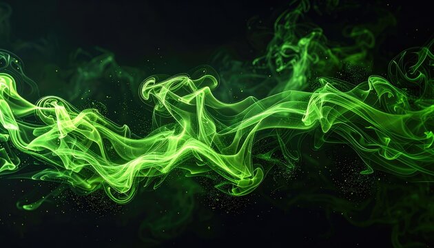 Abstract green smoke swirls with glitter particles on a dark background.