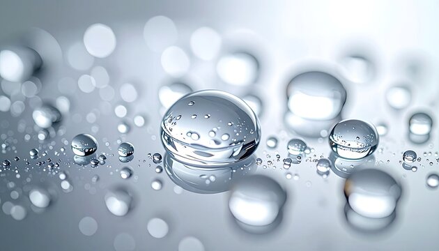Close-up of water droplets on a reflective surface, creating a clean and refreshing aesthetic.