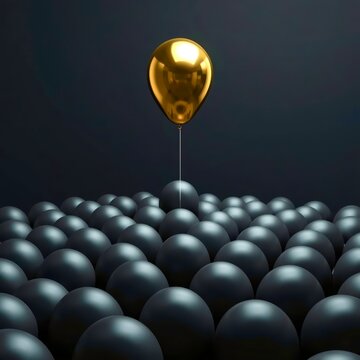 Golden balloon floats above sea of dark spheres