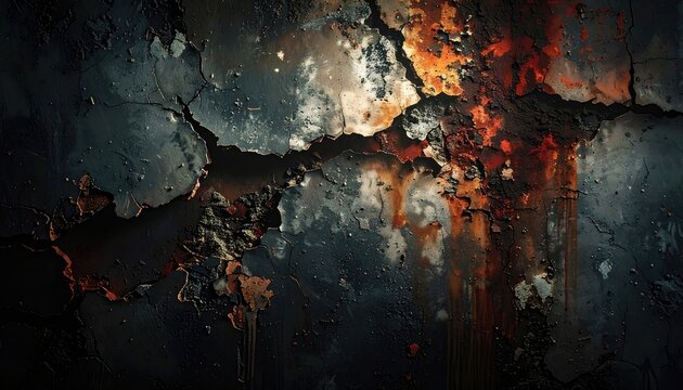A dark, cracked surface with streaks of rust and debris.