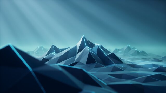 Low poly mountain landscape with volumetric light beams
