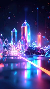 A vibrant and futuristic cityscape rendered with glowing crystalline structures.