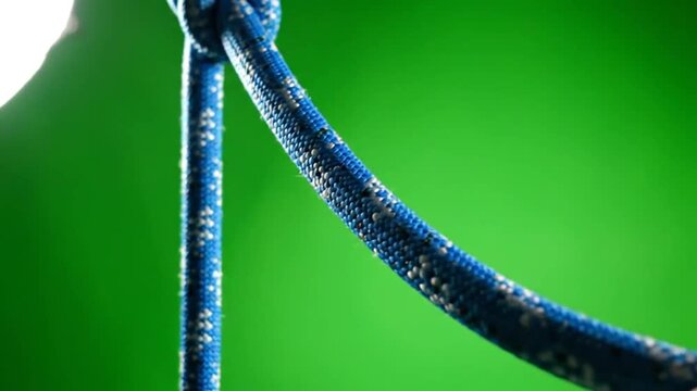 Close-up of blue rope knot against green background