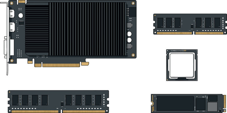 Computer Hardware Component Vector Icon Set with Graphics Card GPU, Desktop RAM Memory Modules, Central Processing Unit CPU, and NVMe SSD Storage for Tech Digital Designs