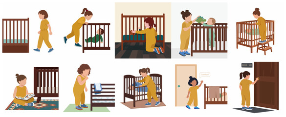 Collection of flat vector illustrations depicting a big sister interacting with her baby sibling in a nursery, caring and playing scenes.