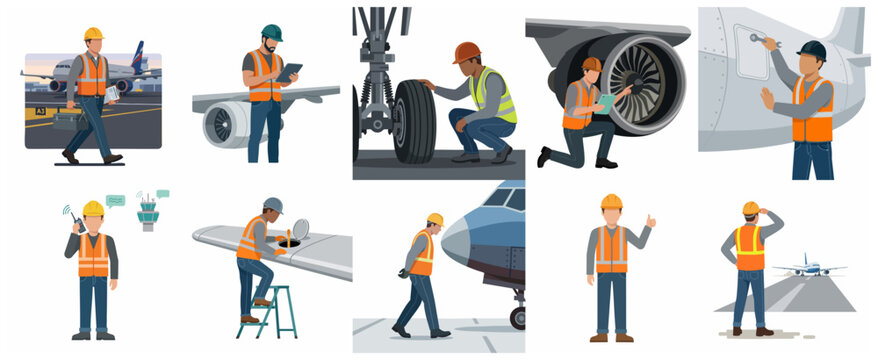 Collection of aircraft maintenance technician and ground crew characters. Aviation engineers inspecting airplane engine, landing gear, and wings on tarmac. Professional airport staff illustrations.