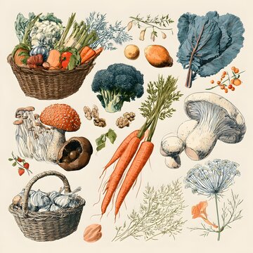 realistic vector illustration of farm fresh grocery collection with seasonal vegetables, fruits, mushrooms, herbs, flowers and wicker baskets, elegant line drawing, pastel color accents, modern