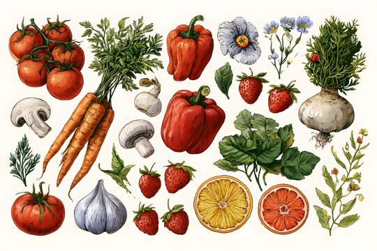 realistic hand drawn vector illustration of botanical vegetables and fruits collection, tomatoes, carrots, peppers, mushrooms, strawberries, citrus, herbs and flowers, elegant colorful outline