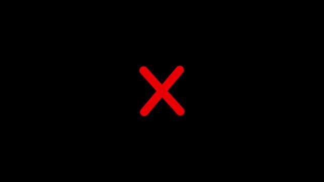 Red x mark symbol graphic animation loop a clean x symbol glowing against a solid black background, suitable for warning or error notification motion cross error warning delete cancel