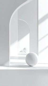 Minimalist architectural space with geometric spheres and light play.