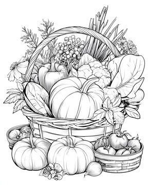 realistic hand drawn vector illustration of fresh harvest arrangement featuring pumpkins, berries, herbs, vegetables, flowers and woven baskets, contemporary minimal outline style, clean editorial