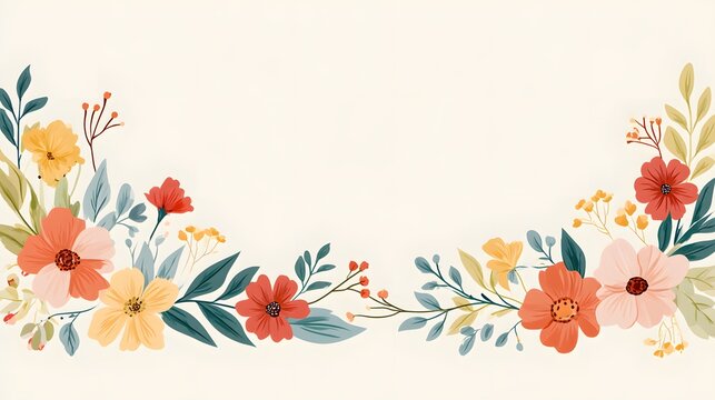 realistic premium vector illustration of colorful floral frame with modern botanical elements, organic leaves, blooming flowers and elegant negative space, Scandinavian inspired decorative artwork