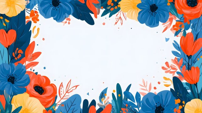 realistic premium vector illustration of colorful floral frame with modern botanical elements, organic leaves, blooming flowers and elegant negative space, Scandinavian inspired decorative artwork