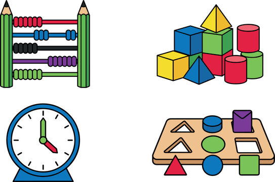 Educational Kindergarten Preschool Math Toy Vector Clipart Set with Colorful Pencil Abacus, Geometric Building Blocks, Sorting Puzzle Sorter Board, and Learning Clock Icons