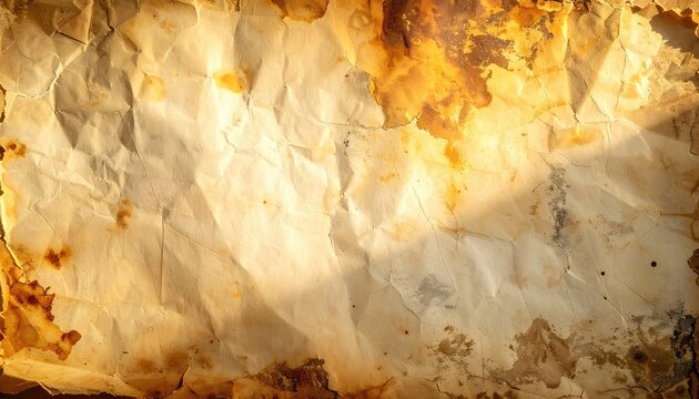 A close-up shot of a crumpled, aged piece of parchment paper with stains and burned edges.