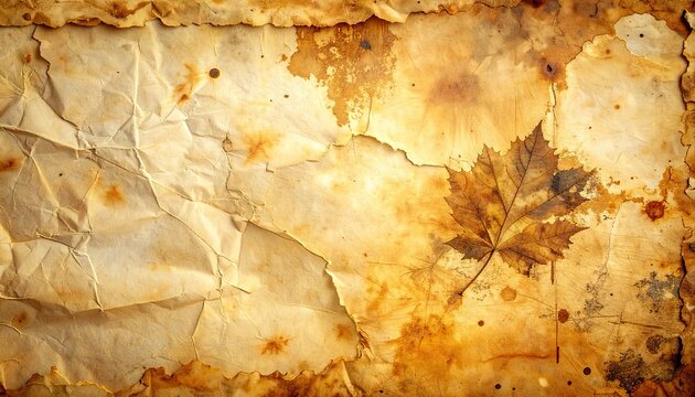A textured background featuring aged parchment paper with a dried leaf.