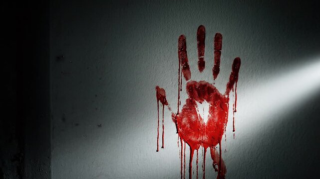 Red handprint dripping blood on a wall in a dark environment  