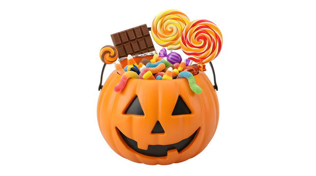 Vibrant Halloween candy bucket, a festive orange pumpkin pail overflowing with colorful sweets. Assorted lollipops, chocolate bars, and gummy candies, perfect for trick-or-treating celebrations.