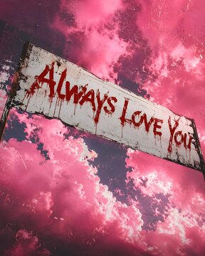 
Always Love You text sign floating in dreamy pink and purple clouds sky