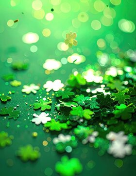 A vibrant green background filled with shamrock confetti and bokeh lights.