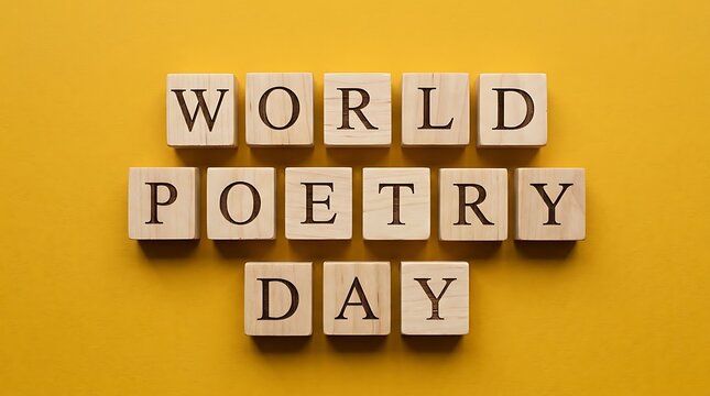 World poetry day text on wooden blocks with literature, creative