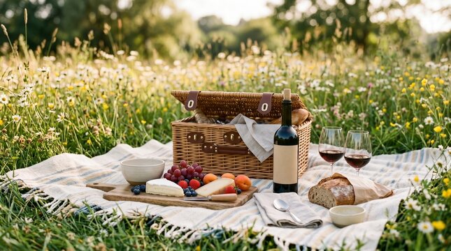 Picnic spread with wine and cheese on striped blanket in summer meadow.