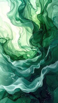 Abstract flowing green ink with delicate white wisps.