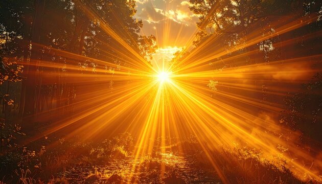Sunbeams piercing through a forest canopy casting a warm, golden glow on the ground.