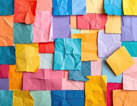 A vibrant collage of crumpled colorful paper squares creates a visually engaging background.