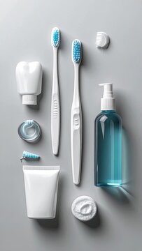A clean and organized collection of dental hygiene products is neatly arranged on a plain gray surface.