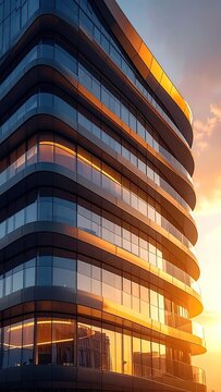 Modern architectural design of a sleek glass skyscraper reflecting golden sunset light.