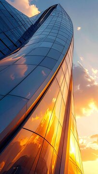 A modern glass skyscraper reflects the warm hues of a sunset.