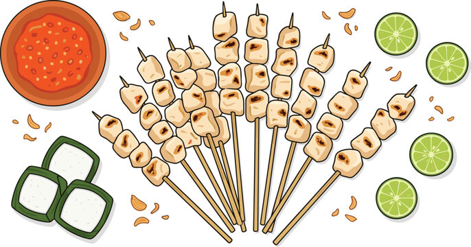 Indonesian Sate Taichan Chicken Skewers Vector Illustration Set with Spicy Sambal Dipping Sauce Rice Cakes Lontong Fried Shallots and Lime Elements