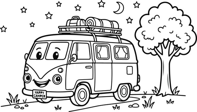 Cartoon camper van with luggage rack driving through a whimsical landscape with stars and moon