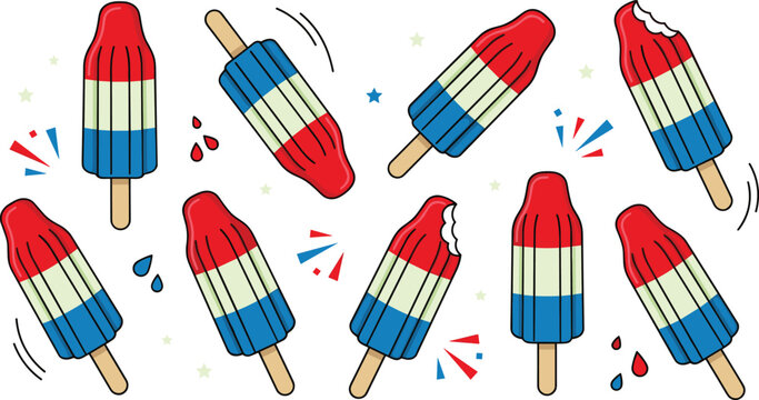 Patriotic Red White and Blue Rocket Popsicle Vector Set with Rocket Ice Pop Icons and Fourth of July Summer Graphic Design Elements