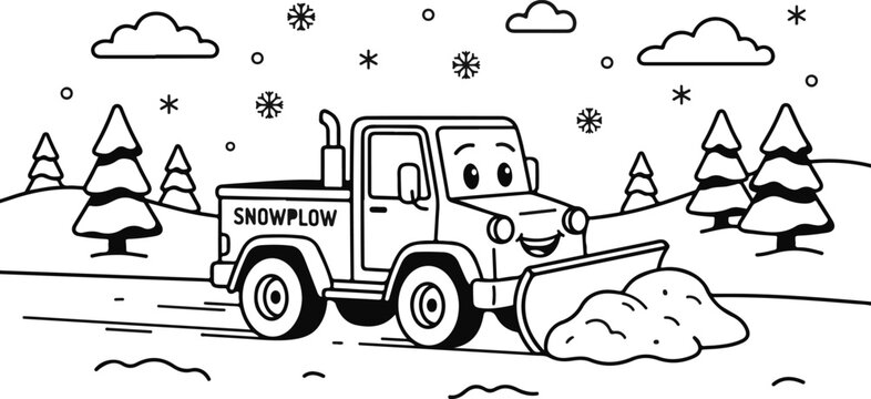 Cartoon snowplow vehicle with smiling face clearing snow in winter landscape illustration