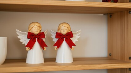 Obraz premium Two Angel Figurines with Red Bows: Two charming white angel figurines, each adorned with a bright red bow, sit peacefully on a wooden shelf, evoking a sense of serenity and holiday cheer.