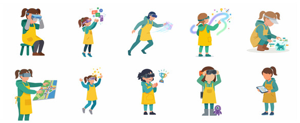 Fototapeta premium Set of children using virtual and augmented reality technology for education and entertainment, kids wearing VR headsets interacting with digital 3D elements, flat vector illustration