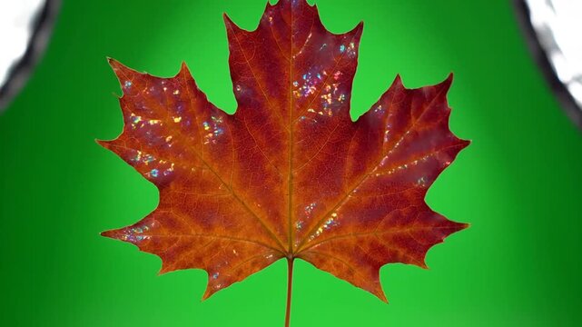 Close-up of single red maple leaf on green background